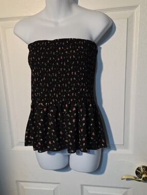 Seduction Smocked Strapless Peplum Tube Top - Black with Pink Floral Print Sz L